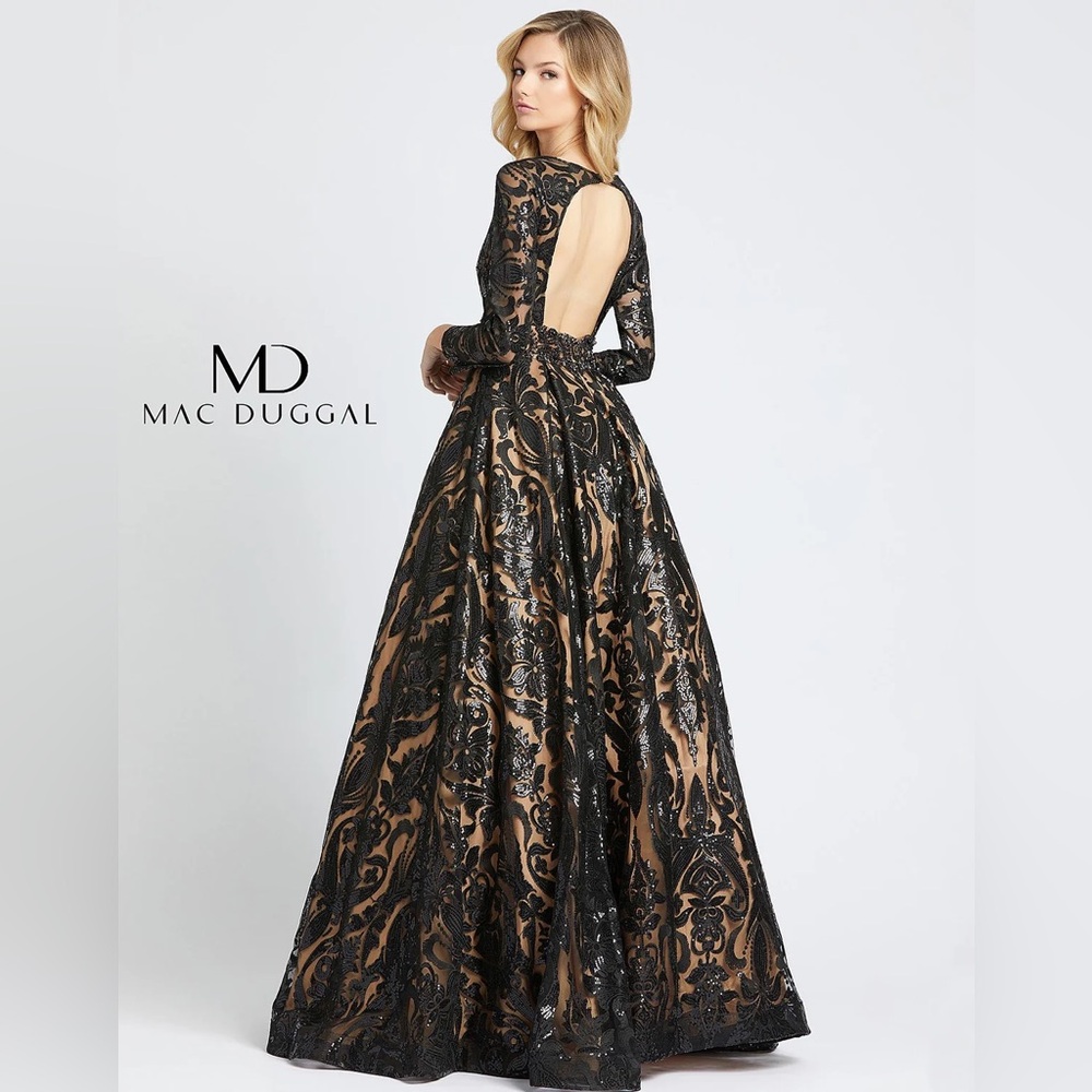 Mac Duggal  -  Style # 66334H - Black Lace & Beige Sequined Gown